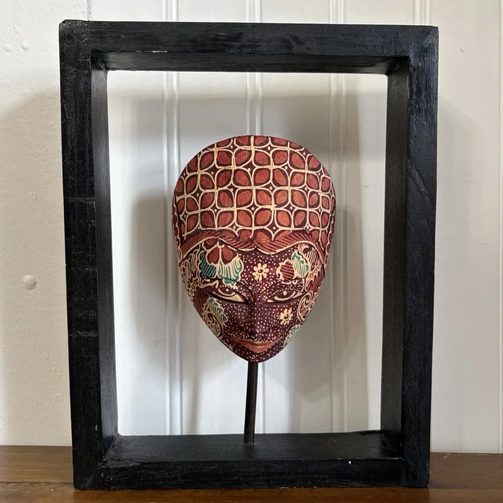 Vintage Tribal Art Mask Indonesian Batik Wooden Hand Carved Wall Hanging